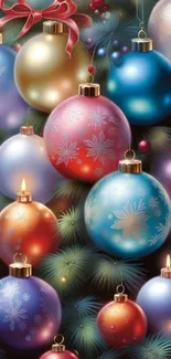 Colorful Christmas ornaments on pine branches.