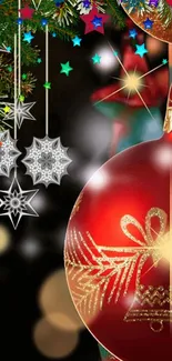 Vibrant Christmas wallpaper with red and gold ornament and festive patterns.