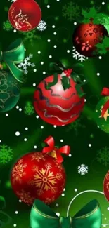 Christmas ornaments wallpaper with green background and red decorations.