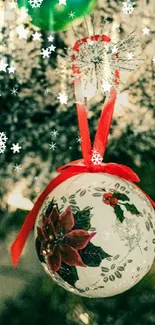 Festive Christmas ornament with red ribbon on snowy tree.