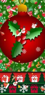 Festive Christmas ornament wallpaper with red and green colors.