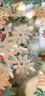 Golden snowflakes Christmas wallpaper with festive decorations.