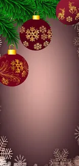 Festive wallpaper with red ornaments and golden snowflakes.