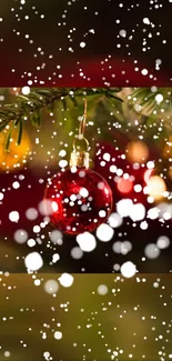 Red Christmas bauble with snowflakes on tree.