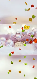 Festive Christmas wallpaper with ornaments and confetti on a soft background.