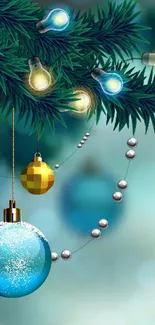 Festive Christmas wallpaper with ornaments and lights.