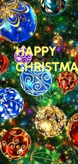 Colorful festive Christmas ornaments wallpaper with bright holiday decorations.