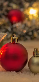 Christmas ornaments in warm festive ambiance.