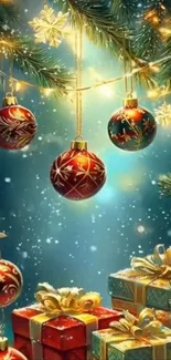 Festive Christmas tree with ornaments and gift boxes.