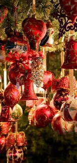 Vibrant Christmas ornaments hanging on a festive tree