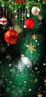 Festive Christmas wallpaper with ornaments and stars on a dark green background.