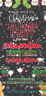 Christmas pajama party themed wallpaper with festive decorations and text.