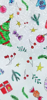 Colorful Christmas-themed pattern with trees, gifts, and stars on a white background.