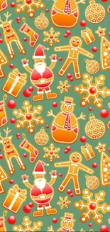 Christmas themed pattern wallpaper with Santa and snowmen on green background.