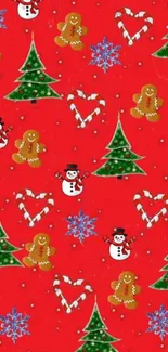 Festive red Christmas wallpaper with snowmen, candy canes, and trees.