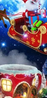 Santa Claus in sleigh over snowy Christmas scene.