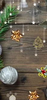 Christmas-themed mobile wallpaper with ornaments and rustic wood.