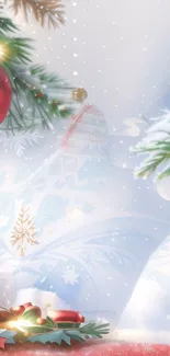 Christmas themed phone wallpaper with ornaments and snowflakes.