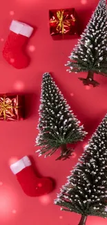 Festive Christmas wallpaper with trees, gifts, and stockings on a red background.