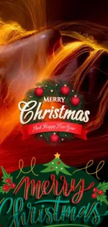 Festive Christmas wallpaper with colorful swirls and greeting message.