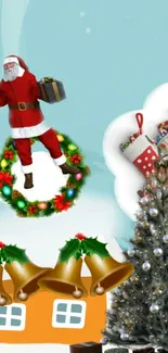 Festive Christmas wallpaper with Santa, gifts, tree, and stockings on a light blue background.