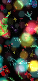 Vibrant holiday wallpaper with Christmas decorations and colorful stars.