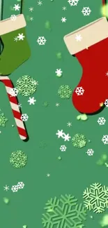 Festive Christmas wallpaper with stockings and snowflakes.