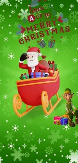 Santa and elf on a green Christmas wallpaper with gifts and snowflakes.