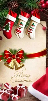 Festive Christmas wallpaper with stockings, gifts, and Merry Christmas message.