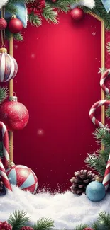 Vibrant Christmas wallpaper with red baubles and candy canes.