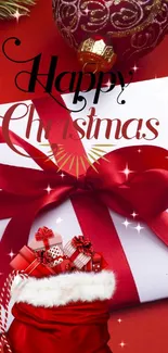 Festive Christmas wallpaper with red ribbon and gifts.