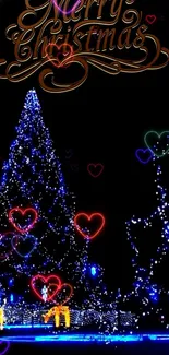 Festive Christmas tree wallpaper with glowing heart lights for mobile phones.