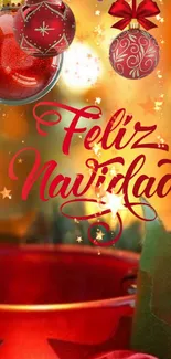 Feliz Navidad Christmas wallpaper with red ornaments and festive lights.