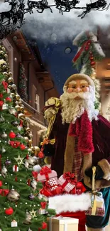 Santa Claus and a Christmas tree with gifts in a festive holiday setting.