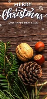 Merry Christmas wallpaper with pinecone and nuts.