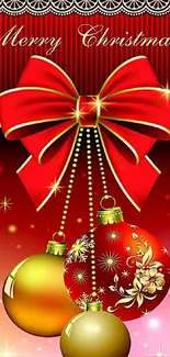 Red Christmas bow with gold ornaments wallpaper.