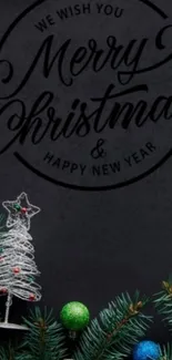 Dark gray Christmas wallpaper with decorative tree.