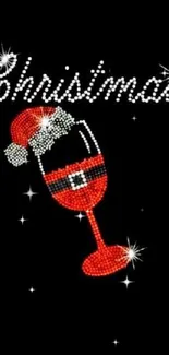 Festive Christmas phone wallpaper with sparkling wine glass and Santa hat.