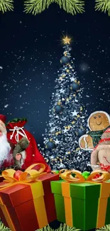 Festive Christmas wallpaper with Santa, gifts, and tree.