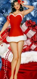 Festive pin-up girl with Santa theme and Christmas gifts wallpaper.