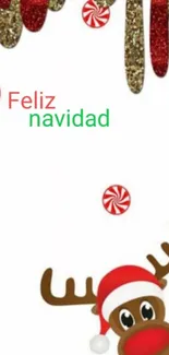 Festive reindeer with candy and Feliz Navidad.