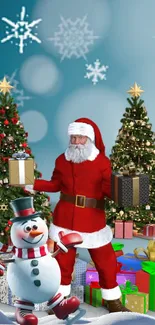 Santa Claus with gifts and a snowman against a festive Christmas backdrop.