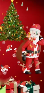 Santa Claus with gifts and Christmas tree on red background.