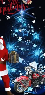 Santa Claus with gifts and motorcycle in Christmas themed wallpaper.