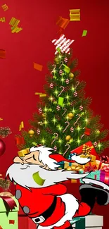 Santa with Christmas tree and gifts on a red background.