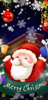 Vibrant Christmas wallpaper featuring Santa with presents and decorations.