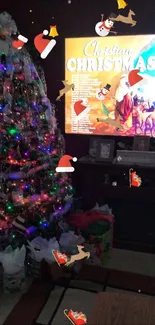 Festive living room with a decorated Christmas tree and gifts.