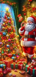 Santa Claus with gifts and a festive Christmas tree next to a fireplace.