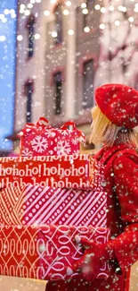 Woman carrying Christmas gifts in the snow.