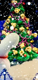 Snoopy standing by a decorated Christmas tree with snowflakes.